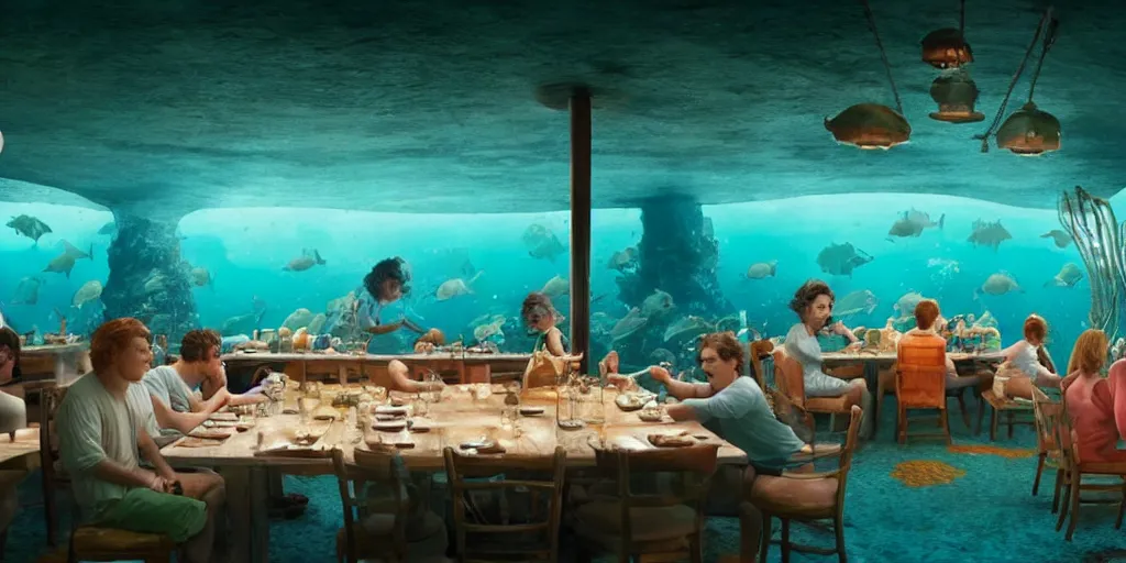 Image similar to a very high resolution image from a new movie, inside the restaurant under the sea, front view, upside - down, shining, photorealistic, photography, directed by wes anderson