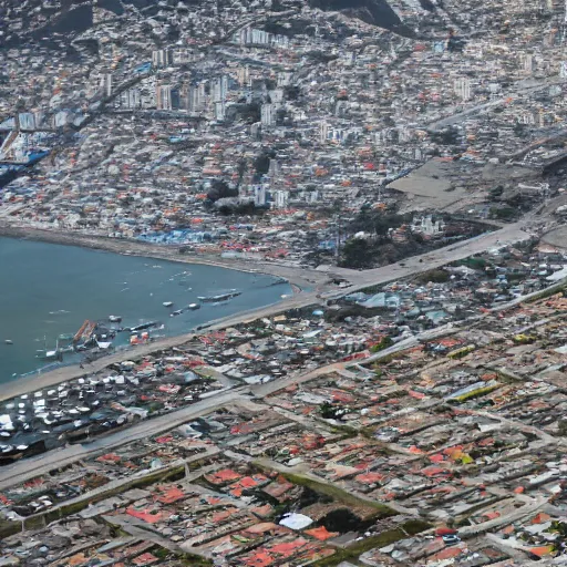 Prompt: color photo from drone over Mission Bay, San Francisco, in 2035, looking North at the golden hour, and the bay between San Francisco and Oakland is now filled in with a bustling favela, shanty houses of every different color, recycled materials, electric lines running everywhere, lights coming on in most of the houses, hyperdetailed, ap photo