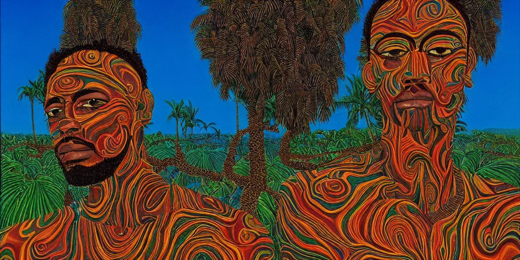 Image similar to a beautiful tropical landscape, portrait of a dark - skinned greek god. 2 4 mm, photorealistic, abstract, directed by mati klarwein