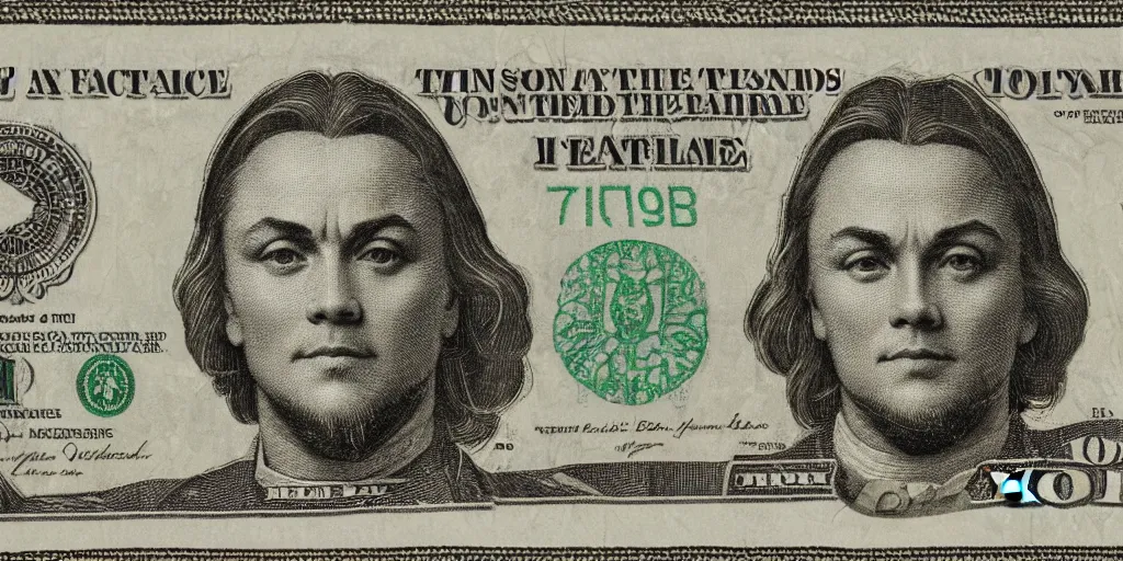 Image similar to 5 0 dollar bill with the face of leonardo di caprio, high details