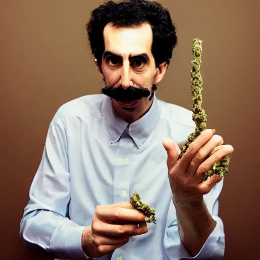 Prompt: A portrait of borat sagdiyev smoking a rolled marijuana joint, 8k, award winning