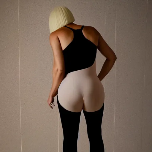 Prompt: sia furler’s back wearing a skin colored leotard full body artistic photoshoot from behind