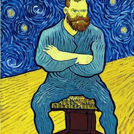 Image similar to Van Gogh painting of thanos sitting on a throne in his spaceship, resting his head on his hand, looking at the camera with a slight smile. Dark, backlit