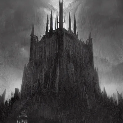 Image similar to an ultra detailed black and white 3 d render of a lonely and impossibly tall ominous gothic dark citadel tower of the evil patriarch, in the style of magic the gathering, in a river elevated high above the city, flintlock fantasy capital city, ultrawide lense, aerial photography, unreal engine, exquisite detail, 8 k, art by greg rutkowski and alphonse mucha