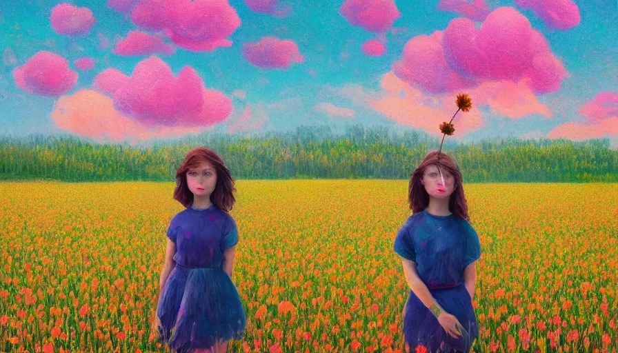 Image similar to girl with a giagantic flower as a face, surreal photography, dream, standing in flower field, hills, big trees, sunrise dramatic light, impressionist painting, colorful clouds, digital painting, pointillism, artstation, simon stalenhag, flower face