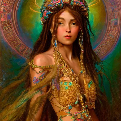 Image similar to artstation, intricate detail, hyper detail, portrait by gaston bussiere, tan skin lady of elche, egyptian sumerian features, techno mystic goddess princess intergalactica inanna with aqua neon rapunzel dreadlocks,