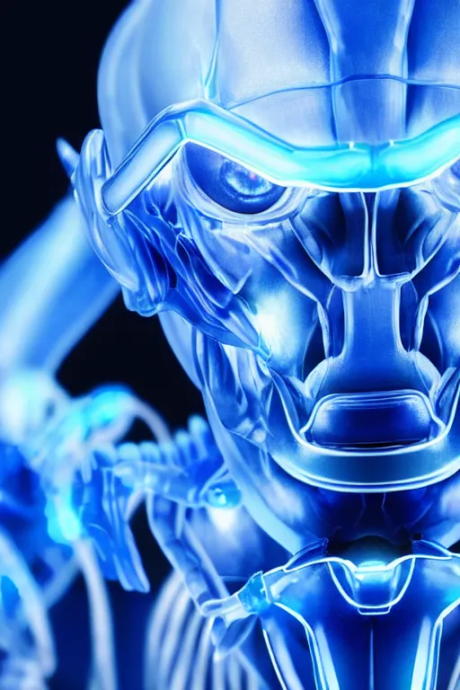 Prompt: hyperrealistic close-up blue glowy exoskeleton!! chinese man covered highly detailed concept art eric zener elson peter cinematic side soft yellow light low angle hd 8k sharp shallow depth of field