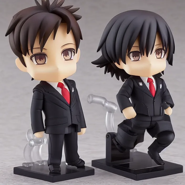 Image similar to a anime nendoroid of elon musk wear giorgio armani suits and black shoe, car tesla 3, figurine, smile, product photo, detailed