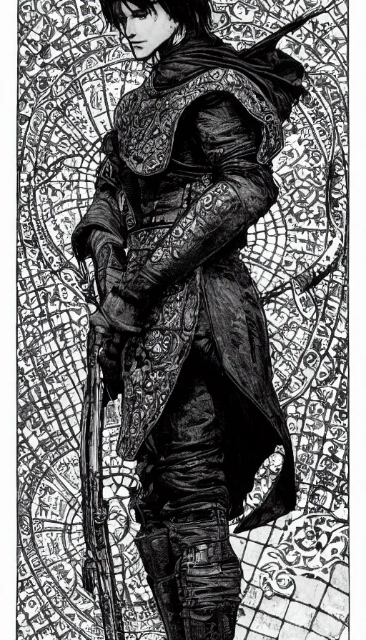 Image similar to a black and white ink fine ink drawing of a thief, from of thrones, in leather armor, fibonacci, sweat drops, intricate fashion clothing, concept art, smooth, sharp focus, portrait, illustration, art by alphonse mucha and travis charest