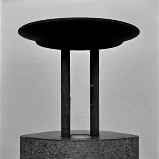 Image similar to Fontaine by Marcel Duchamp on a pedestal in a white empty museum, upside down readymade, courtesy of Centre Pompidou, 35 mm film