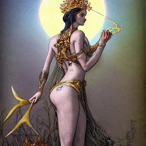 Prompt: artemixel, the modern reincarnation of the old selenium greek god of hunt, also known as artemis the selene, carrying the celebrated crown of the crescent moon wich its usual bright and slightly bluish crescent like the brightness of the night, a portrait cartoon by moebius!! and karol bak, character design, concept design