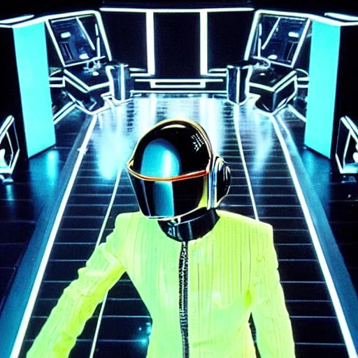 Image similar to “behind the scenes still of Daft Punk guest appearance in Tron (1985). Award winning Photo.”