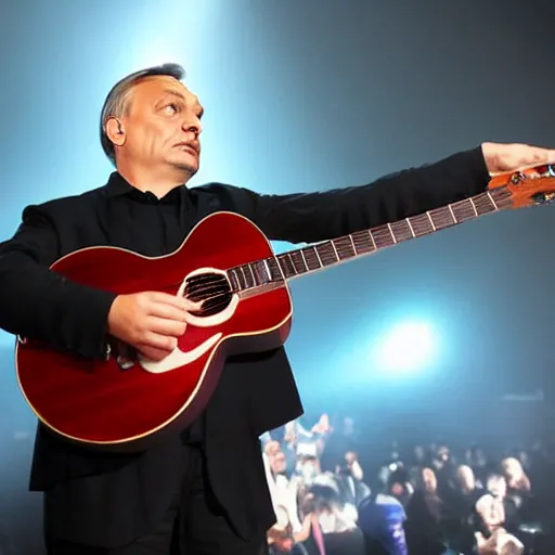 Image similar to viktor orban with a guitar, concert photography