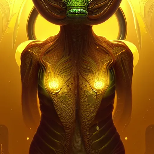 Prompt: hyper advanced alien evolved from a lizard, sci fi, glowing eyes, volumetric lights, gold theme, art nouveau botanicals, intricate, highly detailed, digital painting, artstation, concept art, smooth, sharp focus, cinematic, illustration, beautiful face, art by artgerm and greg rutkowski and alphonse mucha