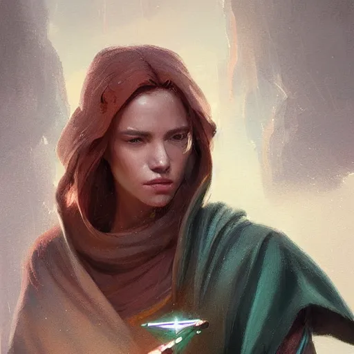 Image similar to portrait of a woman by greg rutkowski, jedi knight jade skywalker, wavy copper hair, jedi robes, star wars expanded universe, she is about 2 0 years old, wearing jedi robes, highly detailed portrait, digital painting, artstation, concept art, smooth, sharp foccus ilustration, artstation hq