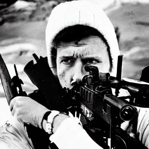 Image similar to a high quality filmic action horror movie style photograph of a man holding a double barreled shotgun to his own face in 1982 antarctica