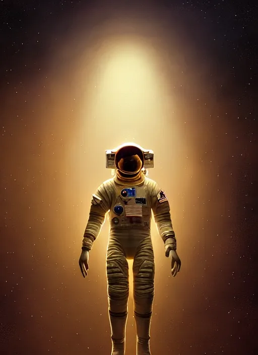 Image similar to extremely detailed studio portrait of space astronaut, full body, soft light, golden glow, diffuse lighting, fantasy, intricate, surrealism!!!!, highly detailed, lifelike, photorealistic, digital painting, artstation, illustration, concept art, smooth, sharp focus, by greg rutkowski, chris tulloch mccabe, valentina remenar and asher duran,