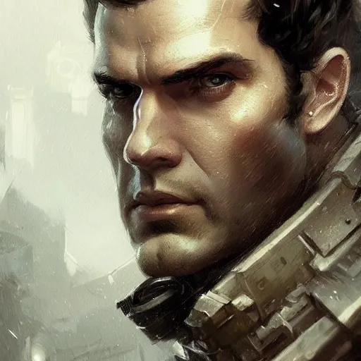 Image similar to portrait of a man by greg rutkowski, he looks like henry cavill, he is wearing a dieselpunk tactical armor gear, highly detailed portrait, digital painting, artstation, concept art, smooth, sharp foccus ilustration, artstation hq