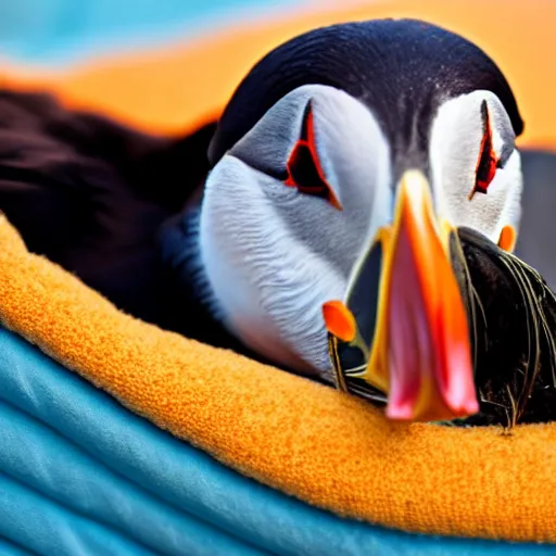 Image similar to puffin sleeping in an oversized bed, sunset