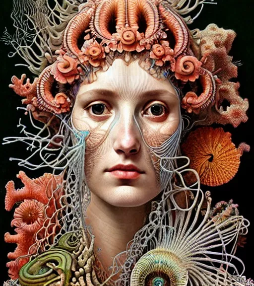 Image similar to hyperrealistic detailed face side portrait of the beautiful goddess of the fish skeletons with an intricate headgear of corals, sea kelp, sea plants, fish, starfish, jellyfish, art by ernst haeckel, john william godward, android jones, alphonso mucha, h. r. giger, gothic - cyberpunk, ornamental, beautiful deep colours,