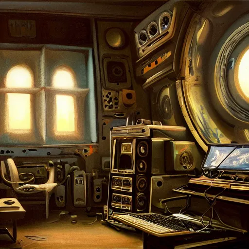 Prompt: detailed painting of a scifi recorder, interior with old computers, celestial ephemeral ornaments and greek architecture, artstation, norm rockwell in africa, cinematic