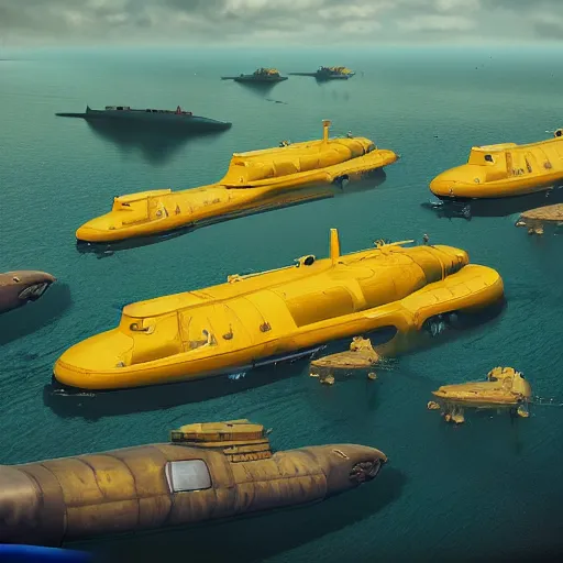 Prompt: a highly detailed of many yellow submarines traffic jam in the sky by sparth and jeff simpson and tyler edlin and, photo, photo real, octane render, vray, brilliantly colored