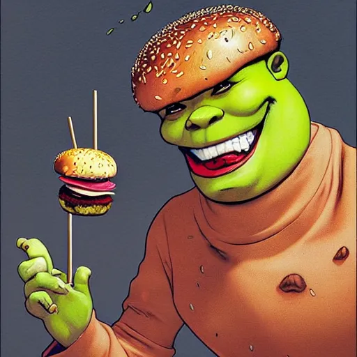 Prompt: prompt : shrek eating burger portrait soft light painted by james jean and katsuhiro otomo and erik jones, inspired by akira anime, smooth face feature, intricate oil painting, high detail illustration, sharp high detail, manga and anime 1 9 9 9