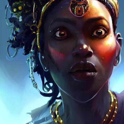 Prompt: a dark and ominous african queen with glowing eyes and a golden crown with a ruby and a black diamond in her forehead, Apex Legends character digital illustration portrait design, by android jones and greg rutkowski in a cyberpunk voodoo style, detailed, cinematic lighting, wide angle action dynamic portrait