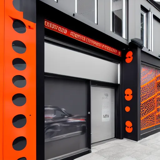 Image similar to Award winning shopfront, convenience store, dark grey, anthracite with bright red and orange accents, perforated metal, paint, laser cut textures, highly detailed, bright signage, vinyl on glazing, retaildesignblog.net, retail-focus.co.uk, trending, best of, 14mm architectural photography,