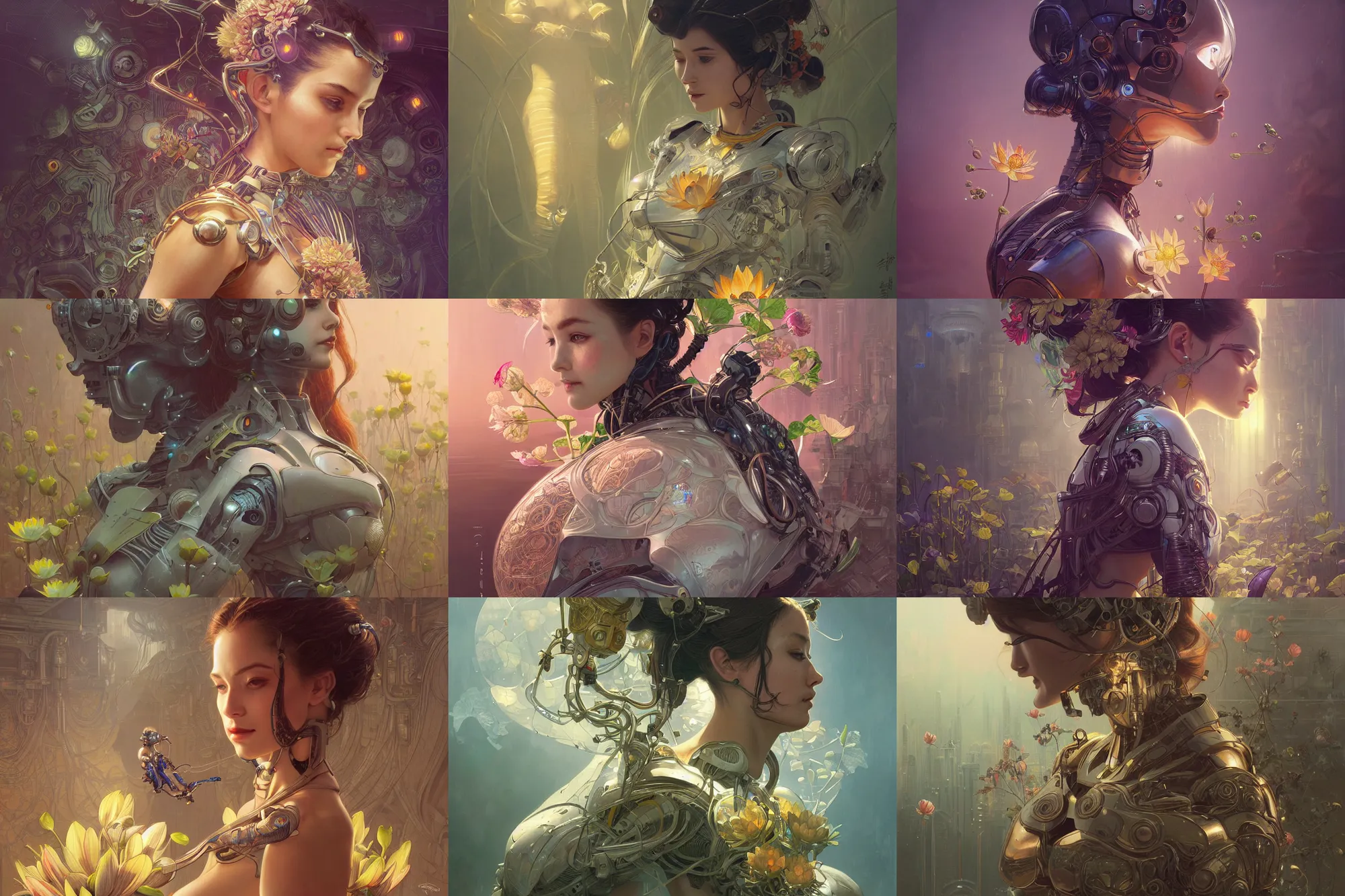 Prompt: Ultra realistic illustration,robot woman among lotus flowers, cyberpunk, sci-fi, fantasy, intricate, elegant, highly detailed, digital painting, artstation, concept art, smooth, sharp focus, illustration, art by artgerm and greg rutkowski and alphonse mucha