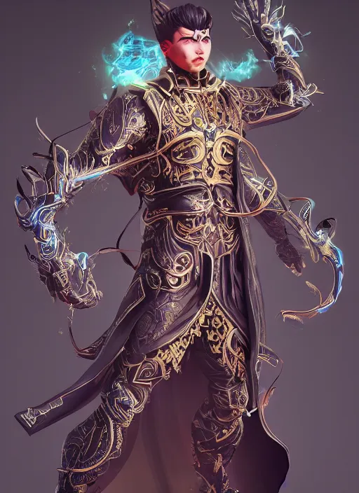 Image similar to A man with dark magic superpowers as a genshin impact character,unreal render, 4d, fantasy character, blender, behance, artstation, intricate, ornate, Hyperdetailed