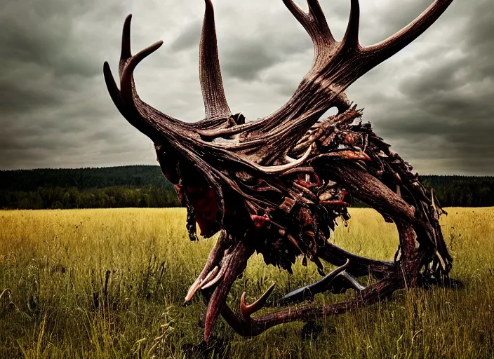 Image similar to photograph of a horrifying nature monster made of animal parts, tree parts, bones, antlers and an extremely long neck, in a meadow, nightmare, designed by ken barthelmey, dramatic lighting, full frame photography