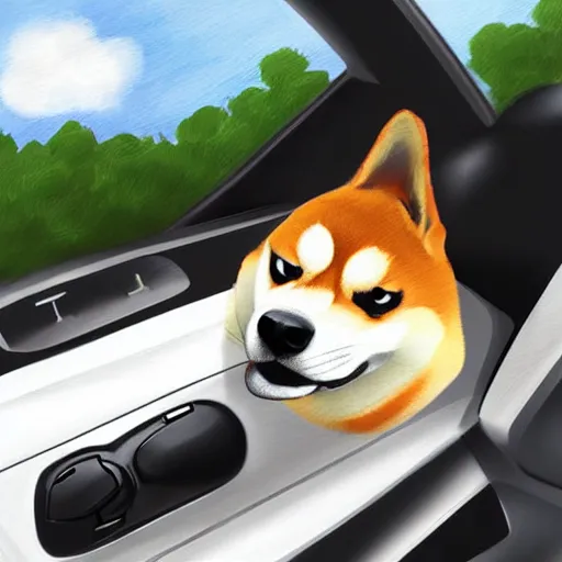 Image similar to anthro shiba inu driving a car, digital art