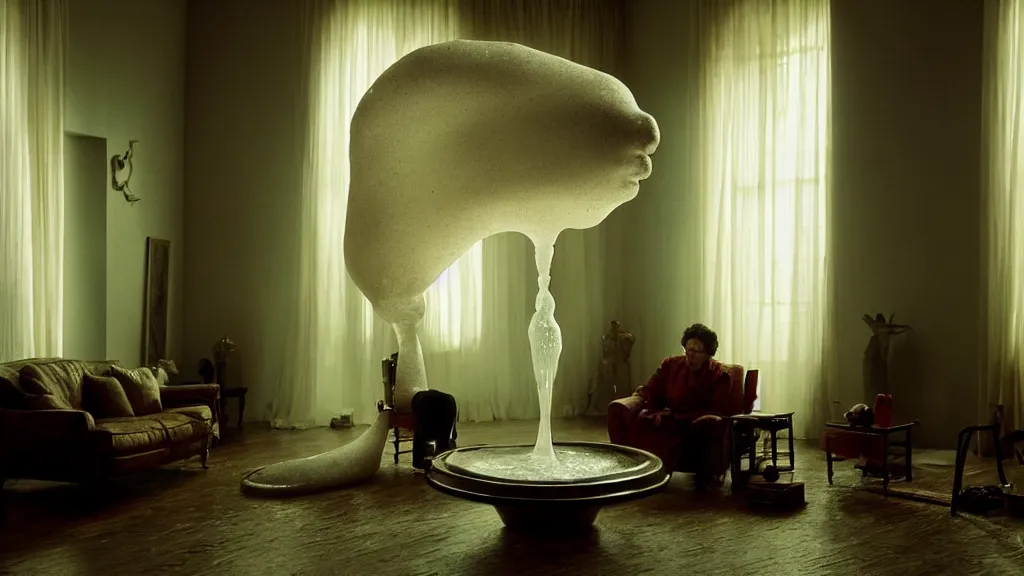 Image similar to a giant hand made of wax and water floats through the living room, film still from the movie directed by Denis Villeneuve with art direction by Salvador Dalí, wide lens