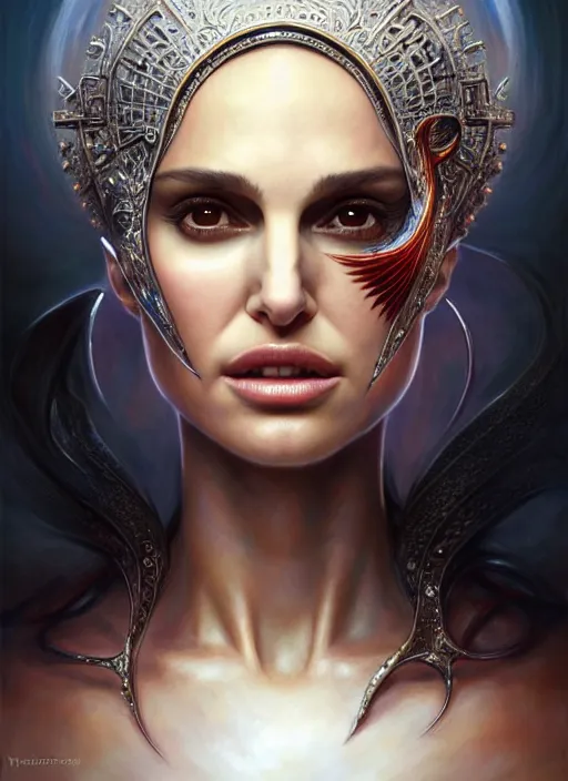 Prompt: portrait shot, natalie portman, sorceress, intricate, elegant, highly detailed, centered, digital painting, artstation, concept art, smooth, sharp focus, illustration, artgerm, tomasz alen kopera, peter mohrbacher, donato giancola, joseph christian leyendecker, wlop, boris vallejo