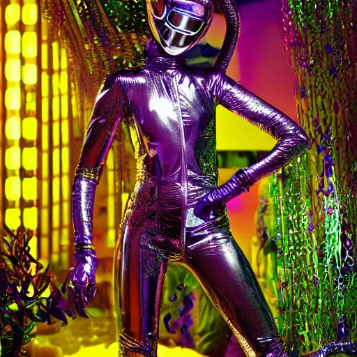 Image similar to hi - fructose mag photo, inside a futuristic detailed alien jungle made out of shiny reflective chrome, futuristic android with limbs made out of stretchy rubber tubing mixed with shiny colorful giant intricate detailed chrome gauntlets and chest piece and discoball mask, wearing a long purple velvet cape, fog and mist