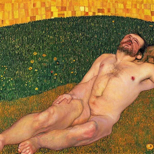 Prompt: a man laying in the sun, full body, Gustav Klimt painting