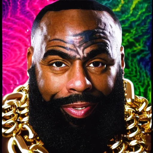 Prompt: a photograph of joe rogan as mr. t wearing many gold chains with a psychedelic dmt background