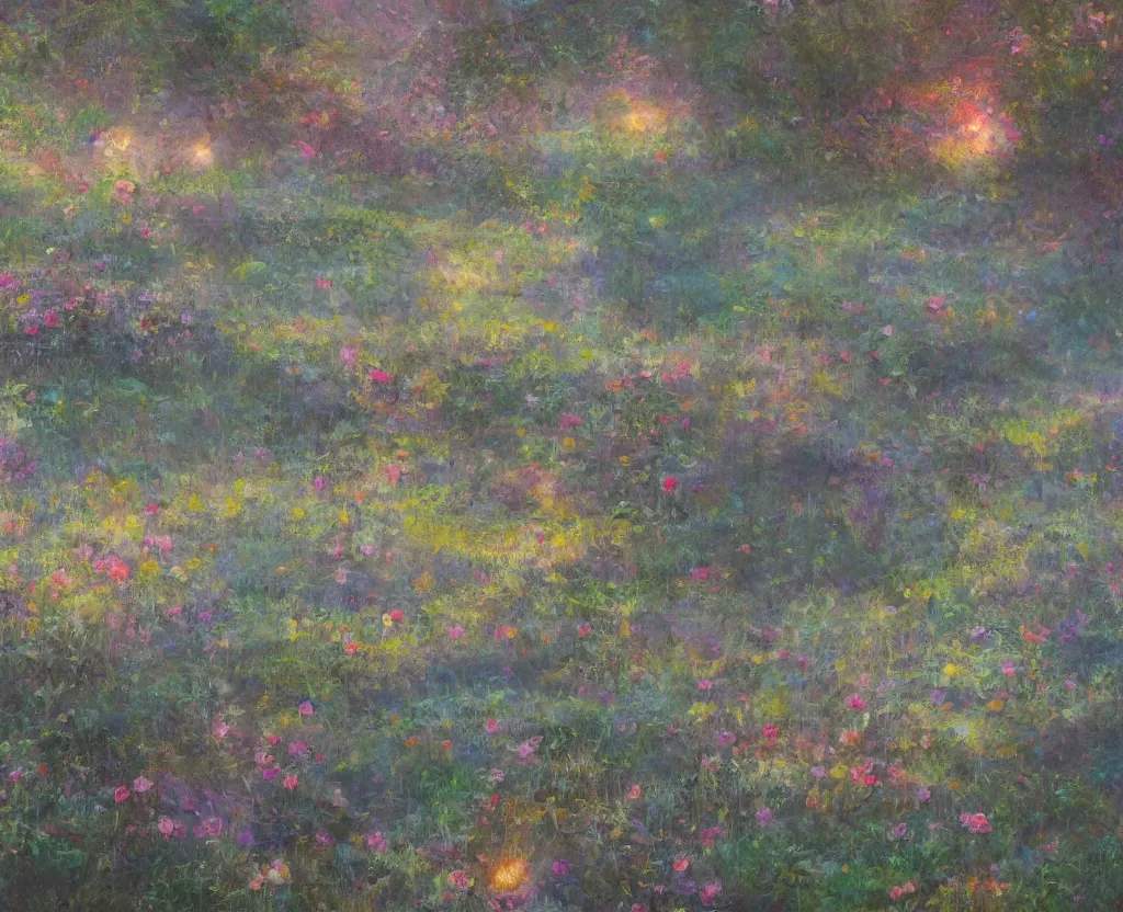 Image similar to a landscape pastel in the style of noriyoshi ohrai of a field of lotus flowers, glowing with iridescent mana, night time early dawn. key art. 4 k retrofuturistic fantasy