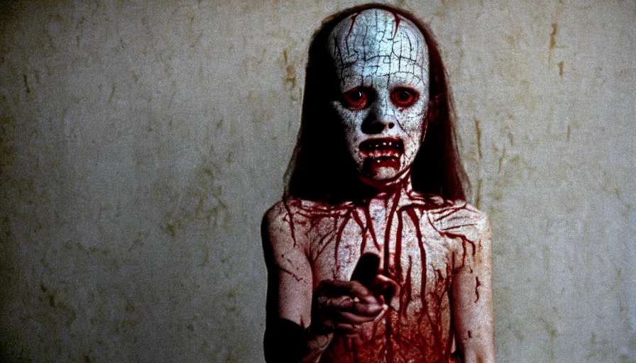 Image similar to 7 0 s film still from a horror movie about a child version of pinhead from hellraiser, kodachrome, cinecolor, cinestill, film grain, film texture, retro, cinematic, high resolution, photorealism,