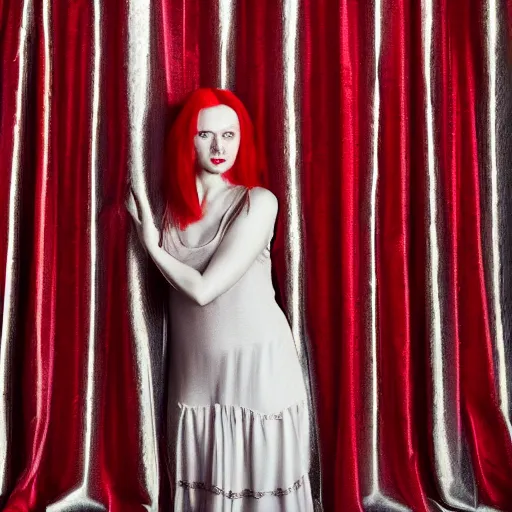 Prompt: Red haired woman in a red dress standing behind a red window curtain, portrait, photography