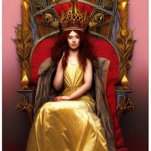 Image similar to Regal fiery bird, sitting on a throne with a crown on her head, Pre-Raphaelite, matte painting, trending on artstation