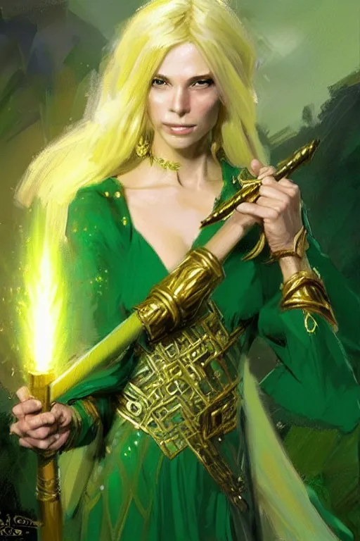 Image similar to blonde female wizard in a green dress, holding a magical sceptre, and wearing a gold ring portrait dnd, painting by gaston bussiere, craig mullins, greg rutkowski, yoji shinkawa