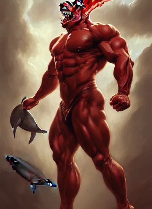 Image similar to portrait of a super muscular red human with a shark head punching a wall, d & d, muscular! fantasy, intricate, elegant, highly detailed, digital painting, artstation, concept art, smooth, sharp focus, illustration, art by artgerm and greg rutkowski and alphonse mucha