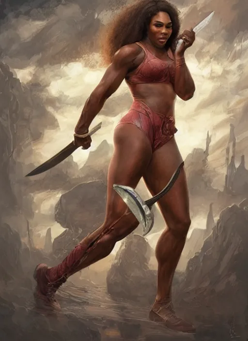 Image similar to serena williams as a ruggedly handsome hero holding an enormous large dual wielding sword, intricate, elegant, highly detailed, centered, digital painting, artstation, concept art, smooth, sharp focus, illustration, artgerm, donato giancola, Joseph Christian Leyendecker, WLOP, Boris Vallejo, Artgerm