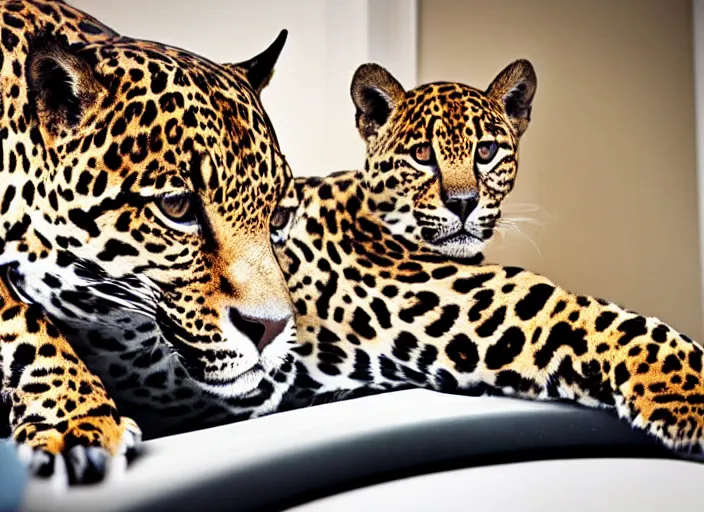 Image similar to photography of a Jaguar Cat . watching outside the window. on a bed. in a 70's room full of vinyls and posters, photorealistic, award winning photo, 100mm, sharp, high res