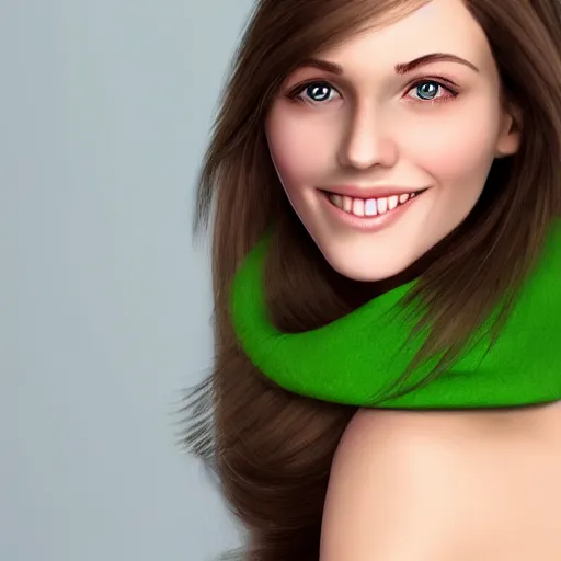 Prompt: longer hair, identical picture, smaller nose, smaller mouth, feminine female, soft skin, proportionate body parts, small shoulders, big breasts, diamond shaped face, attractive, big green eyes, pretty smile
