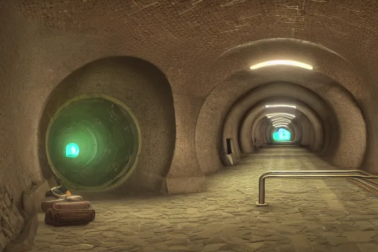 Prompt: an intricate sewers tunnel system with gym equipment, a water channel runs through the center, underground, the tunnel walls are made of large brown bricks, interlacing paths, brass pipes on the walls, a slight green glow emanates from the water, warm lighting, soft shadows, stylized PBR materials, Artstation