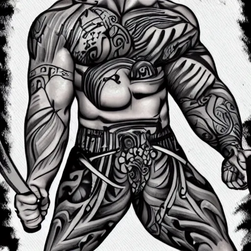 Image similar to muscular bald man, tattooed body, sword in hands, HD, anime style,