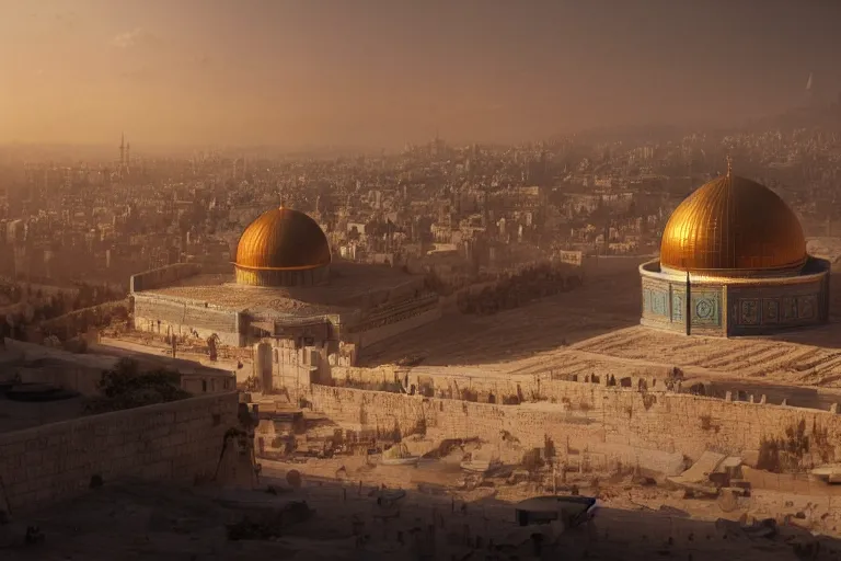 Image similar to jerusalem in the year 3 0 5 0, matte painting, long shot, concept art, wide shot, digital art, trending on artstation, 4 k, extremely detailed, realistic, midday, warm colors, golden sunlight, by greg rutkowski, cinematic, epic